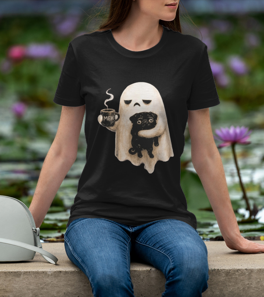 Halloween Meh Ghost Holding Black Pug Dog Lover T-Shirt