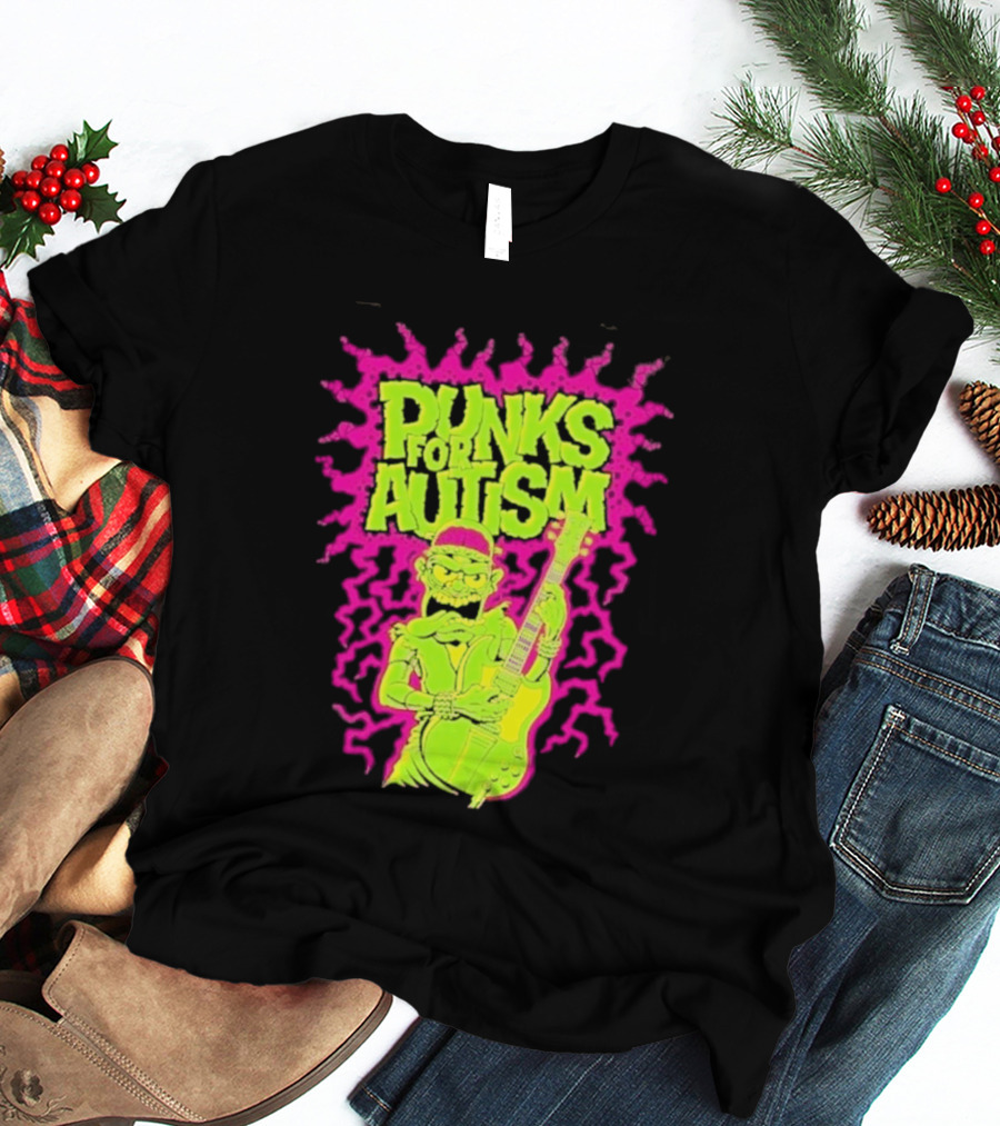 Punks For Autism Frankenstein Guitar Player Neon Rock T-Shirt