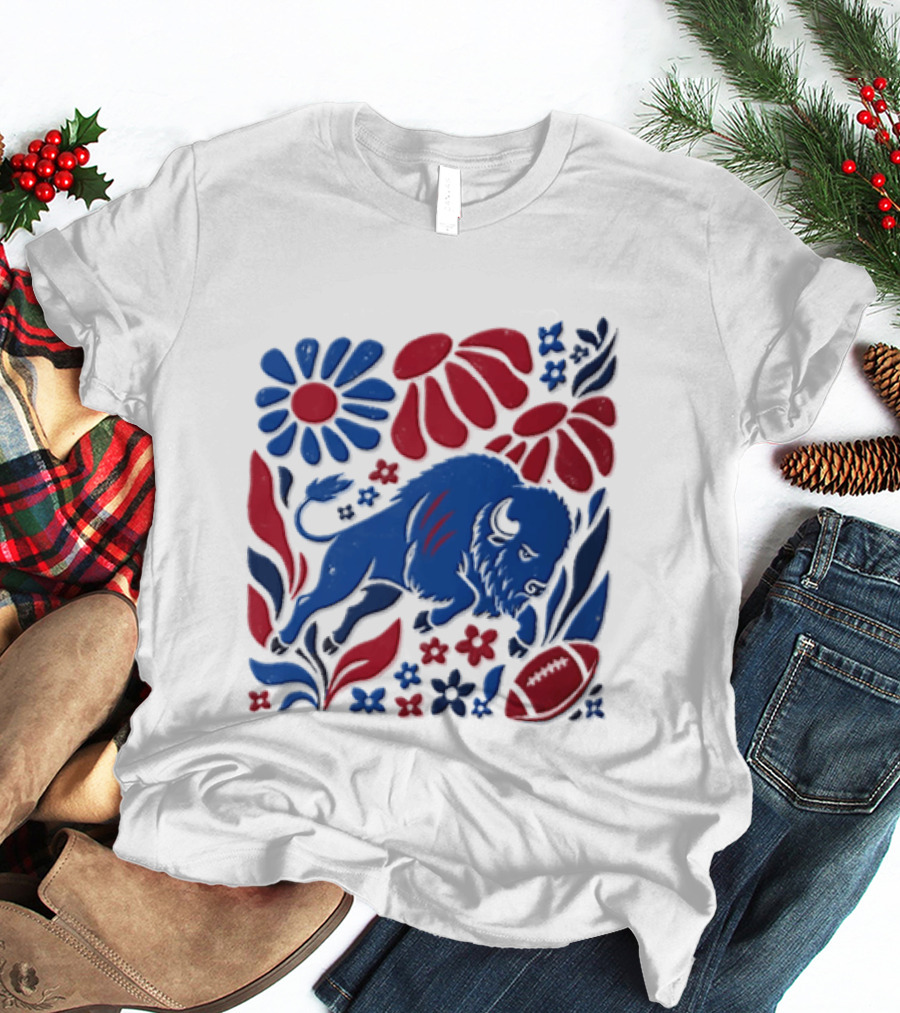 Buffalo Bills Charging Buffalo Red Blue Flowers Football T-Shirt