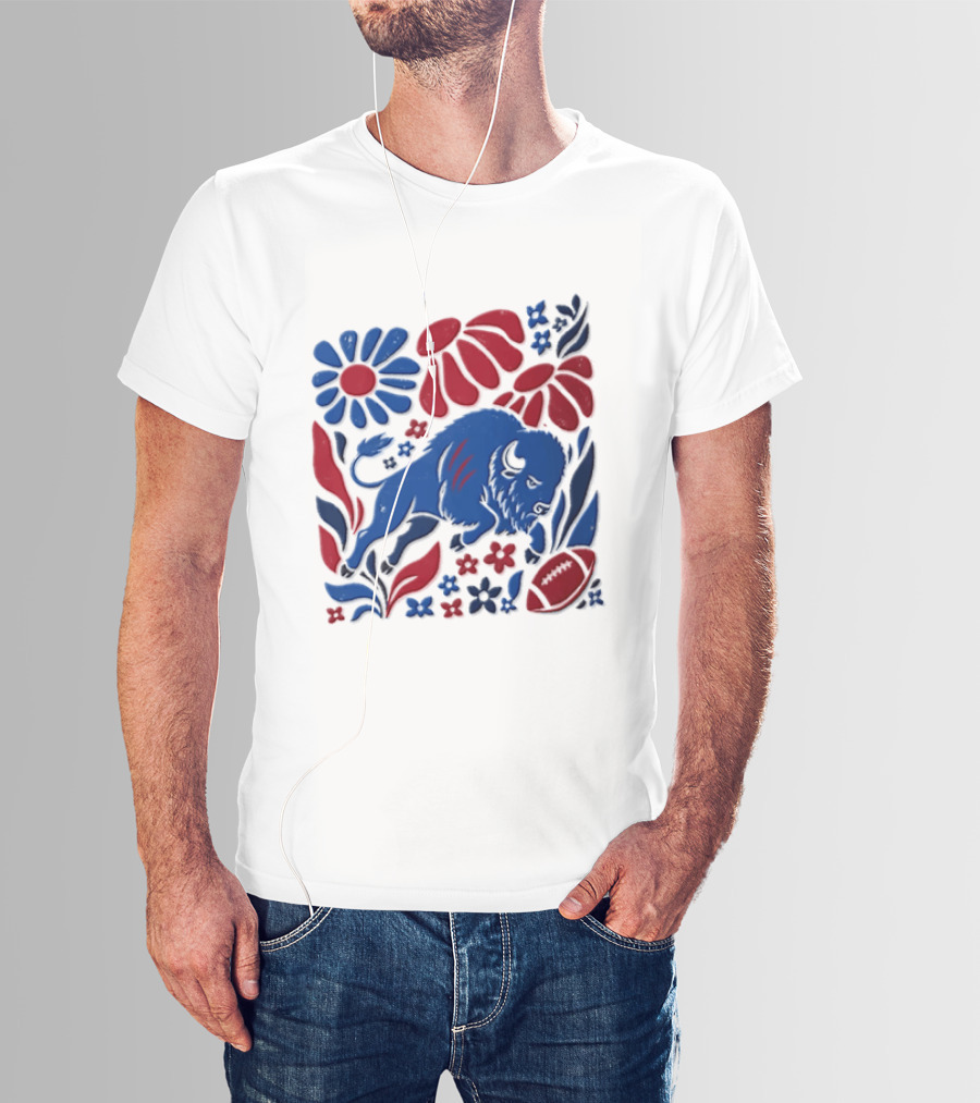 Buffalo Bills Charging Buffalo Red Blue Flowers Football T-Shirt