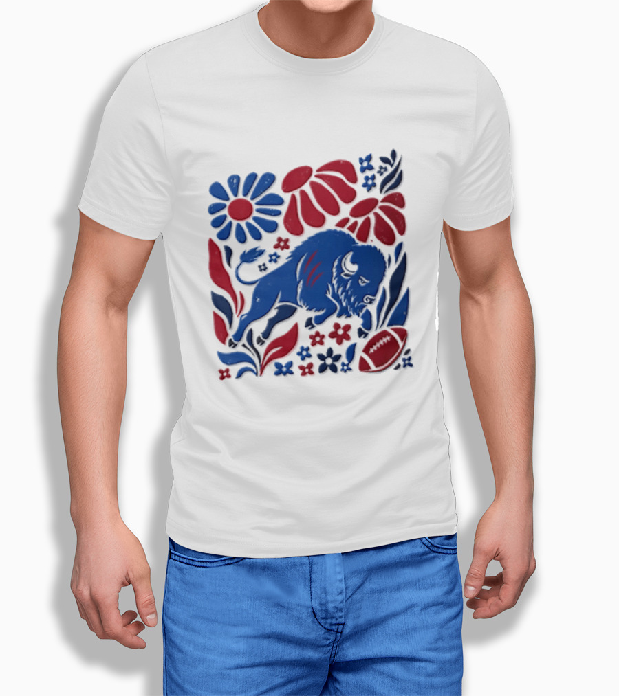 Buffalo Bills Charging Buffalo Red Blue Flowers Football T-Shirt