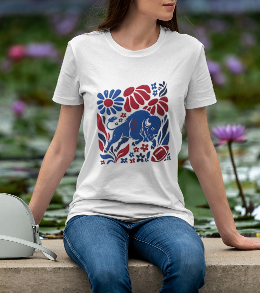 Buffalo Bills Charging Buffalo Red Blue Flowers Football T-Shirt