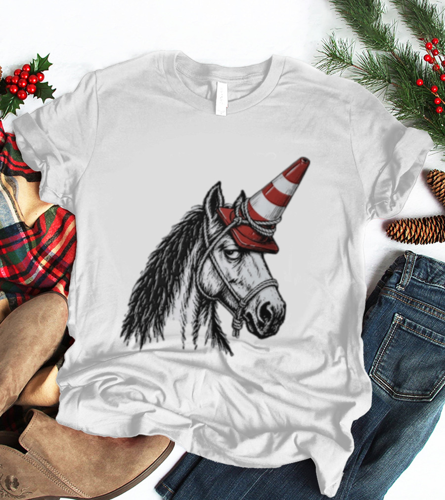 Horse Wearing Red Traffic Cone Hat Rope Accessory T-Shirt