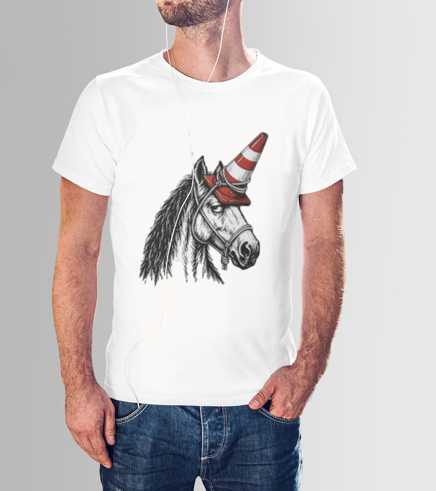 Horse Wearing Red Traffic Cone Hat Rope Accessory T-Shirt