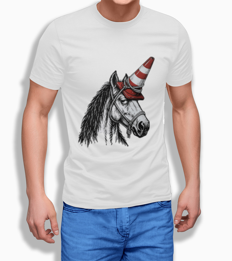 Horse Wearing Red Traffic Cone Hat Rope Accessory T-Shirt