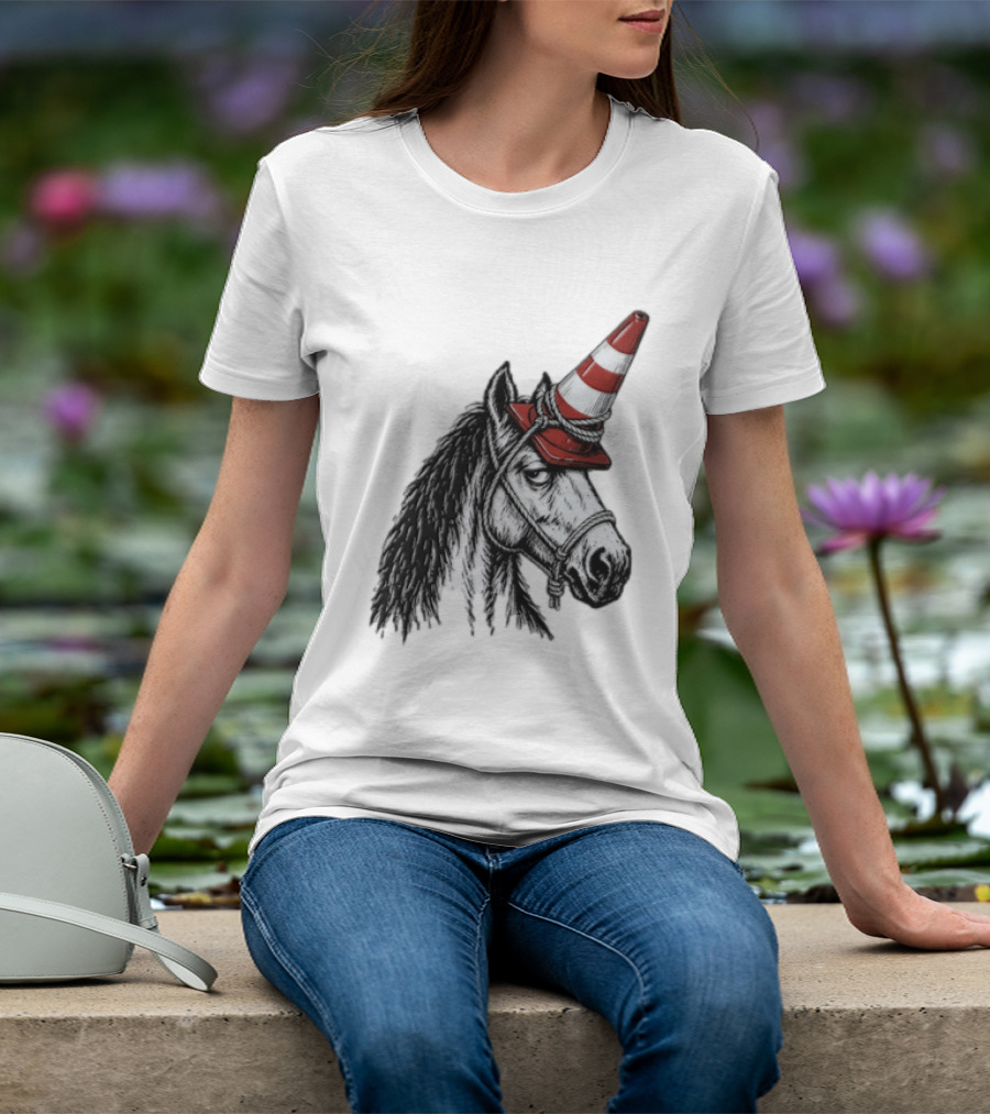 Horse Wearing Red Traffic Cone Hat Rope Accessory T-Shirt