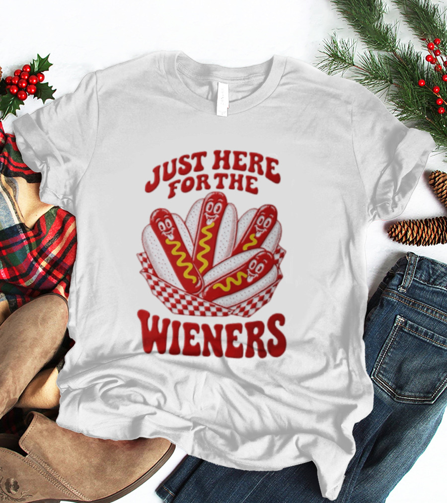 Just Here For The Wieners Four Cartoon Hot Dogs Mustard T-Shirt
