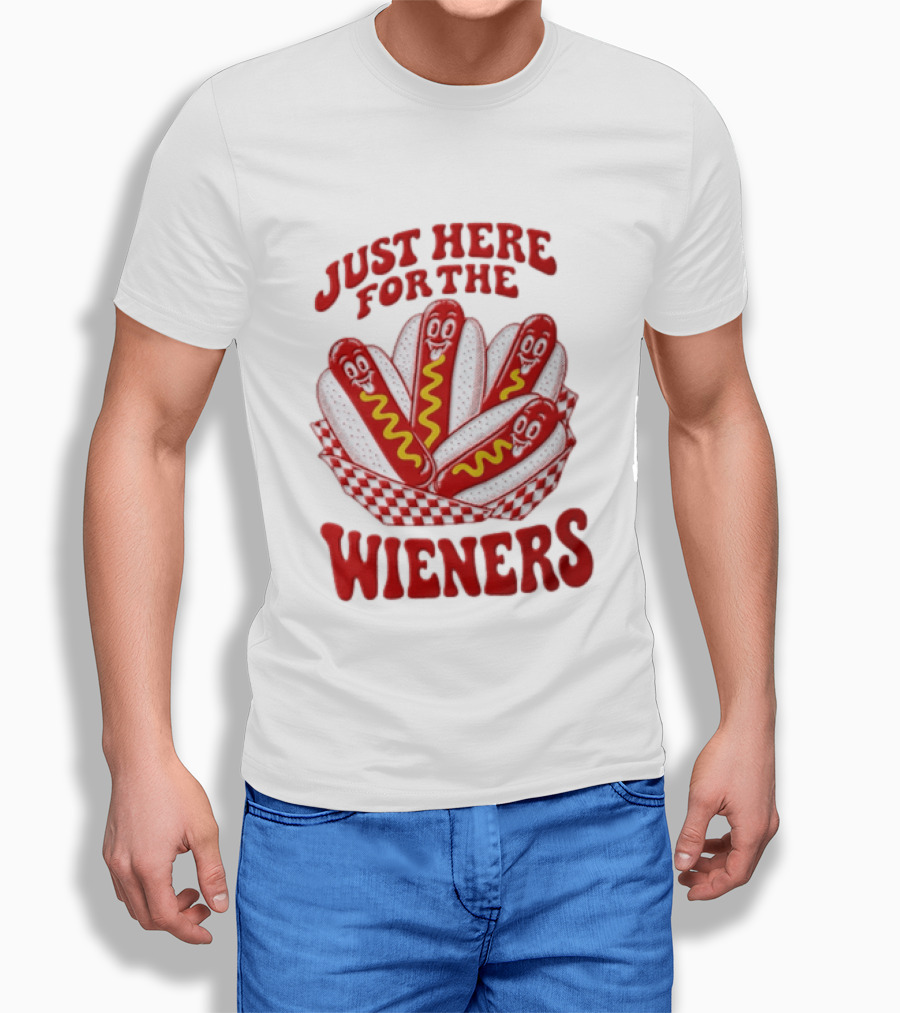Just Here For The Wieners Four Cartoon Hot Dogs Mustard T-Shirt