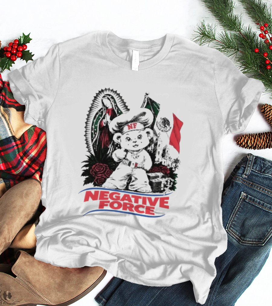 Negative Force Bear With Mexican Flag Virgin Mary Roses T-Shirt