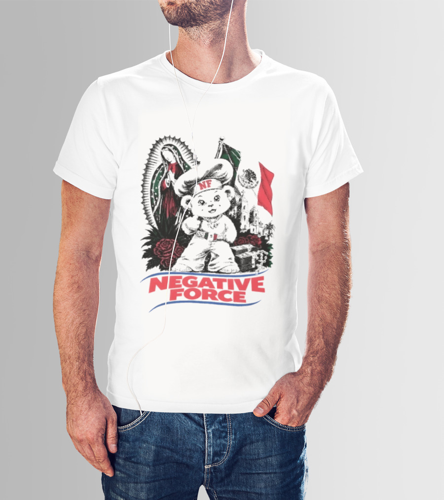 Negative Force Bear With Mexican Flag Virgin Mary Roses T-Shirt