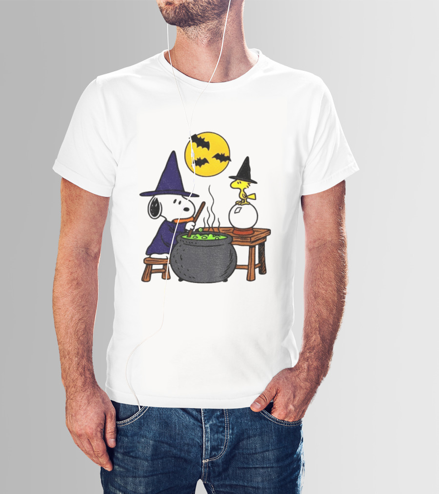 Snoopy Witch Cauldron Woodstock Crystal Ball Halloween Moon Bats T-Shirt