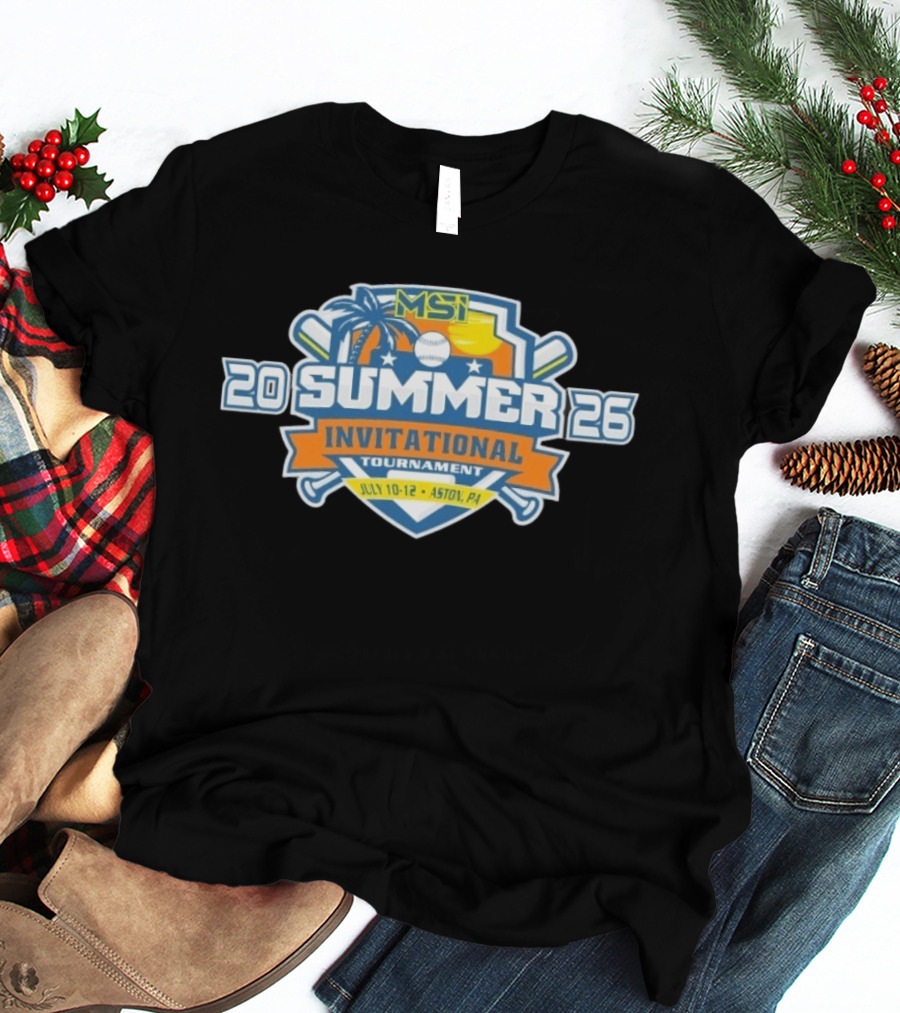 MSI Summer Invitational Tournament 2026 July 10 12 Aston PA Baseball Bat Beach Palm Tree Sunburst T-Shirt