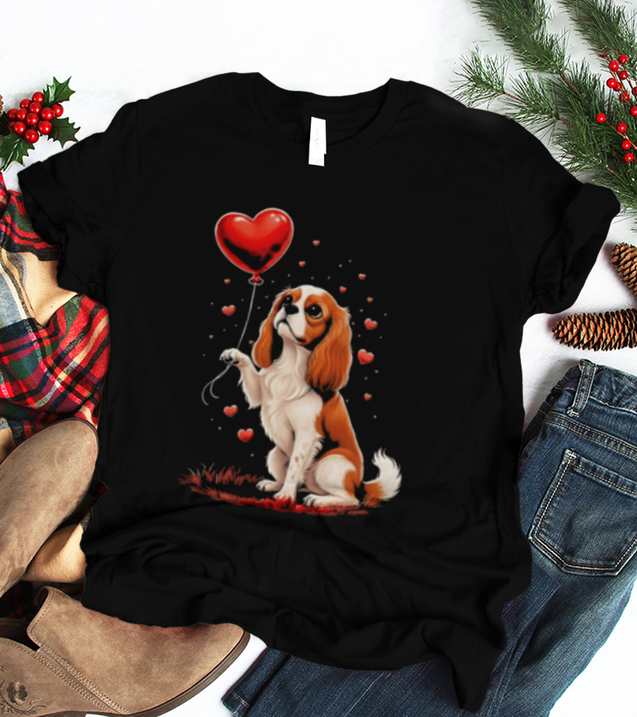 Cavalier King Charles Spaniel With Heart Balloon Surrounded By Floating Hearts T-Shirt
