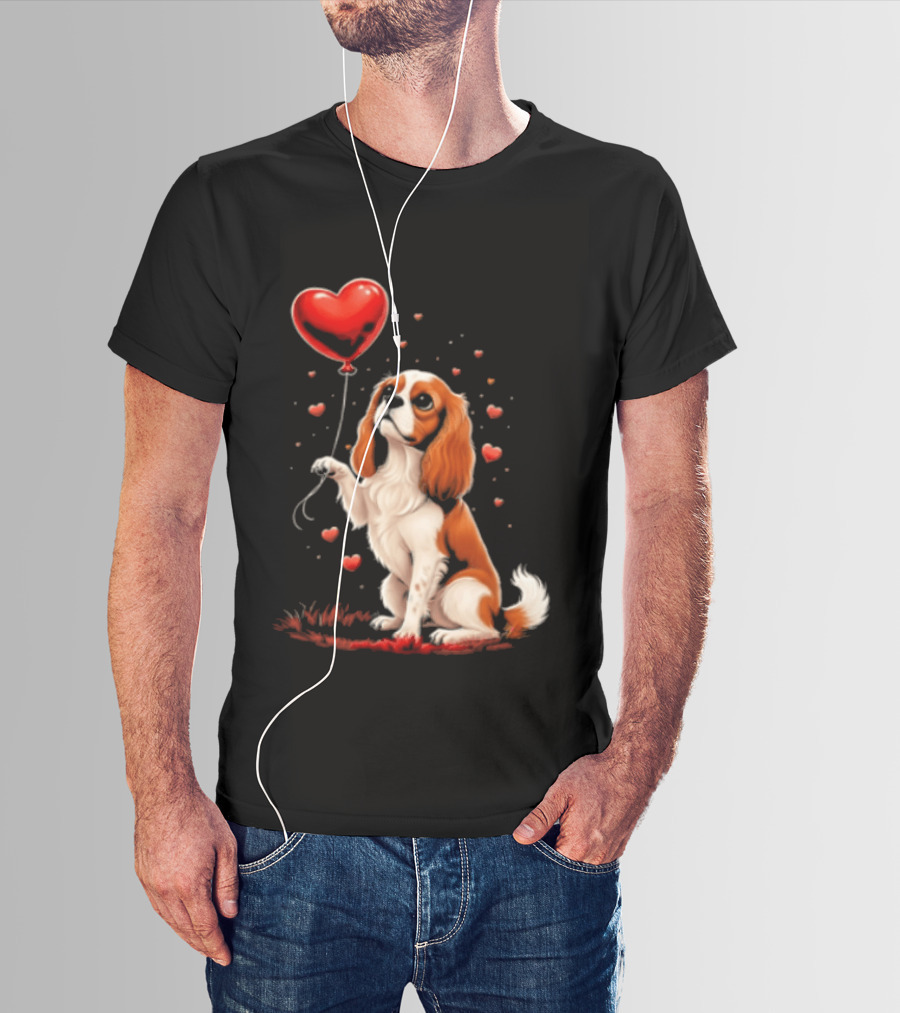 Cavalier King Charles Spaniel With Heart Balloon Surrounded By Floating Hearts T-Shirt