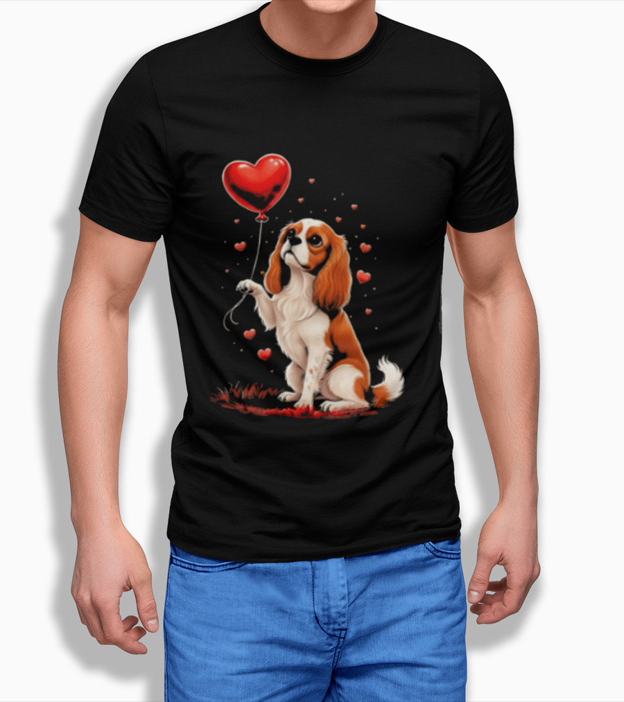 Cavalier King Charles Spaniel With Heart Balloon Surrounded By Floating Hearts T-Shirt