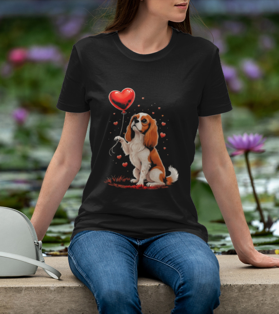 Cavalier King Charles Spaniel With Heart Balloon Surrounded By Floating Hearts T-Shirt