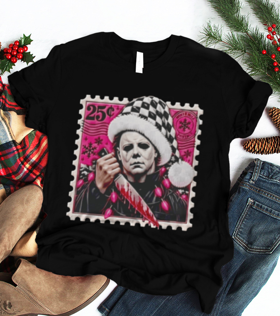 Cincinnati Bengals Michael Myers 25 Cent Checkerboard Santa Hat Holding Knife Pink T-Shirt