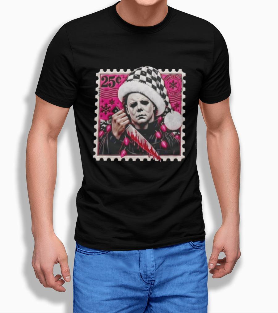 Cincinnati Bengals Michael Myers 25 Cent Checkerboard Santa Hat Holding Knife Pink T-Shirt