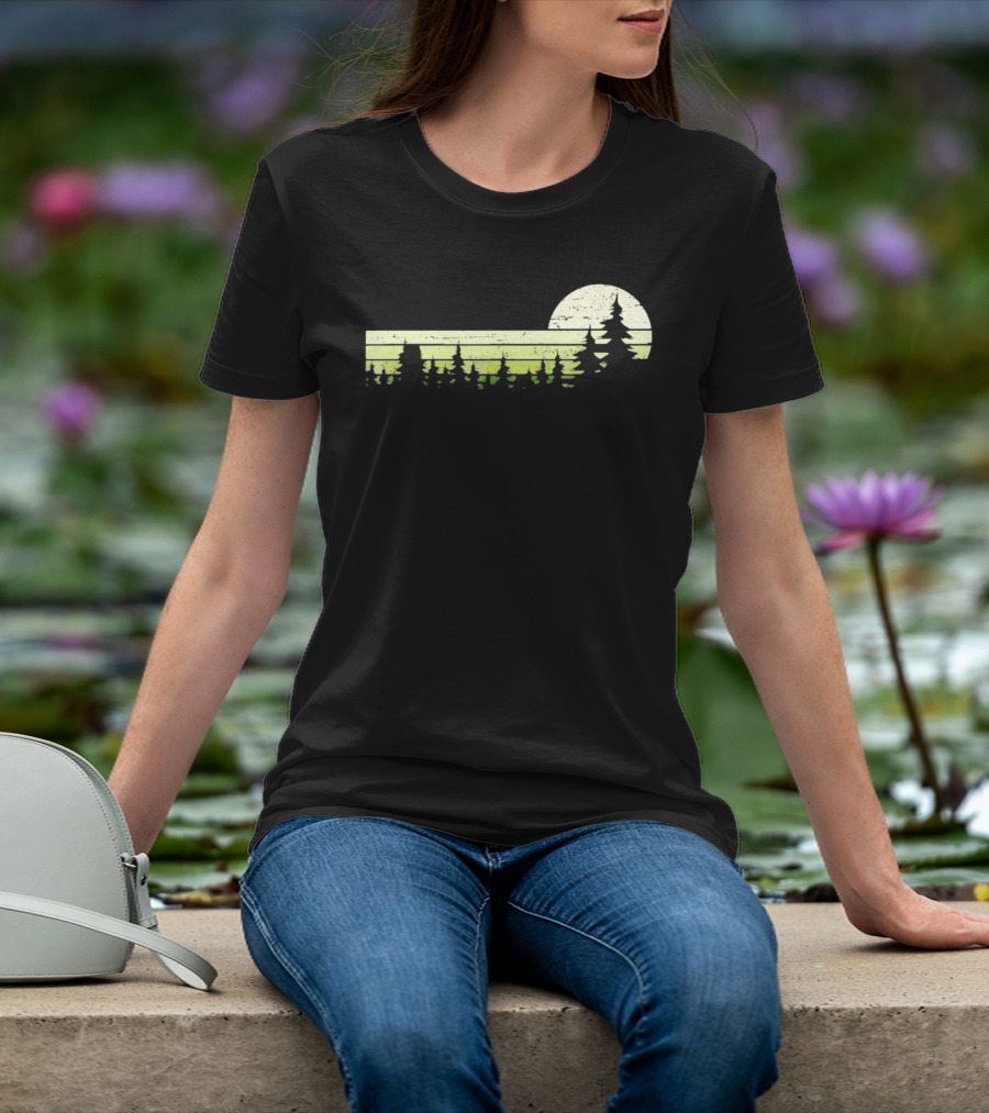 Forest Sunset Silhouette Nature Trees With Circle Sun T-Shirt