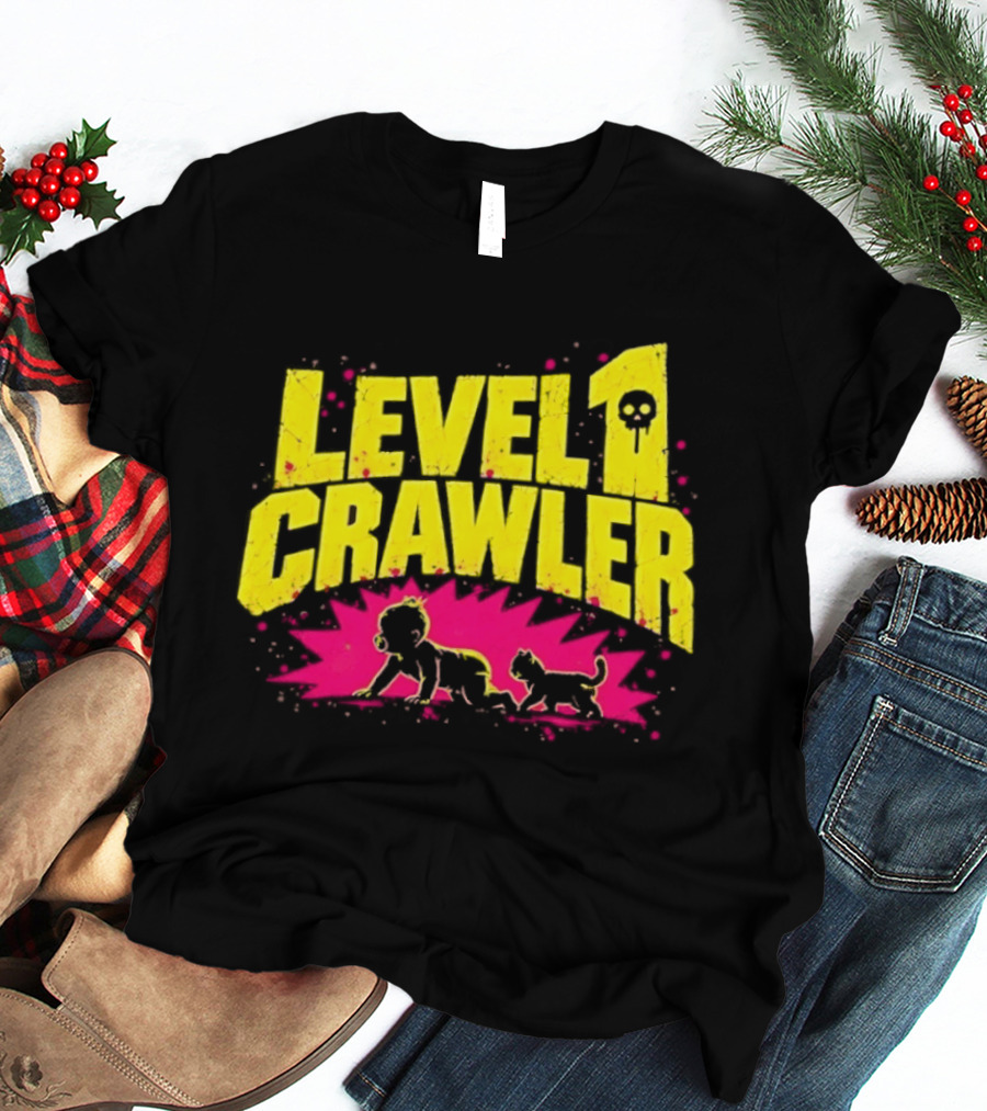 Level 1 Crawler Baby And Kitten Gamer Gaming Fun Adventure T-Shirt