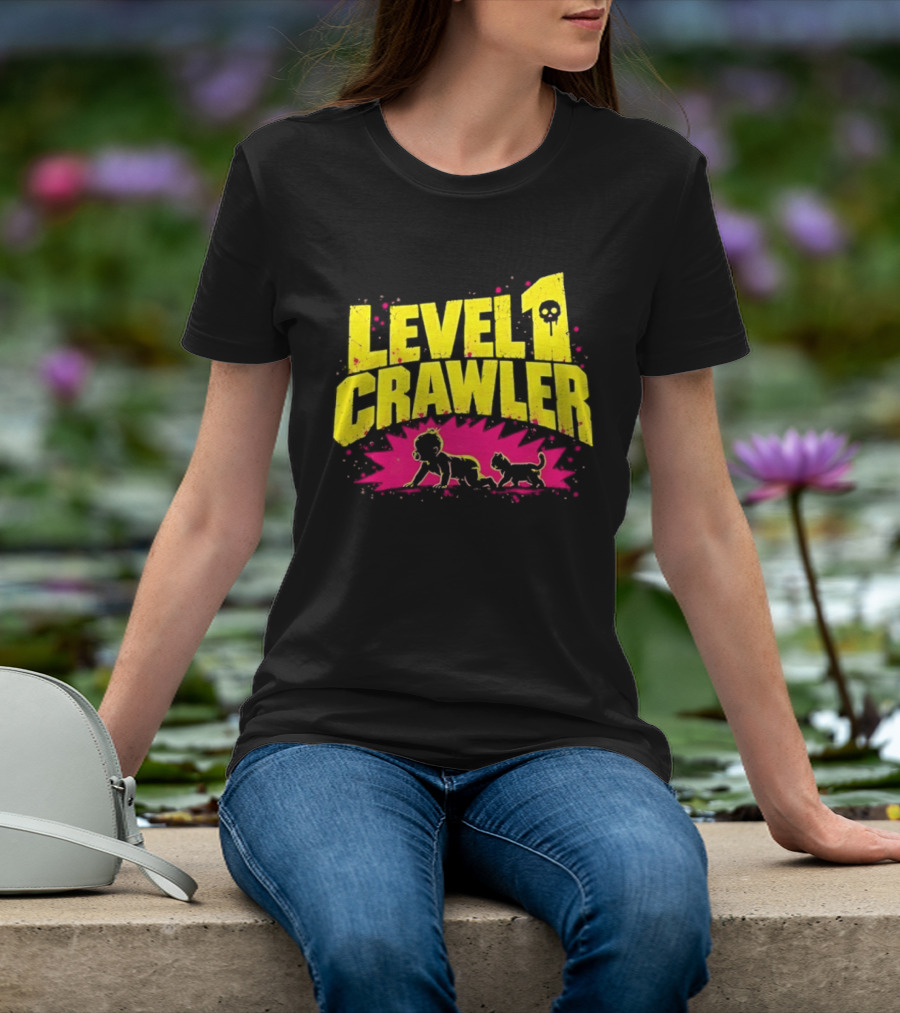 Level 1 Crawler Baby And Kitten Gamer Gaming Fun Adventure T-Shirt