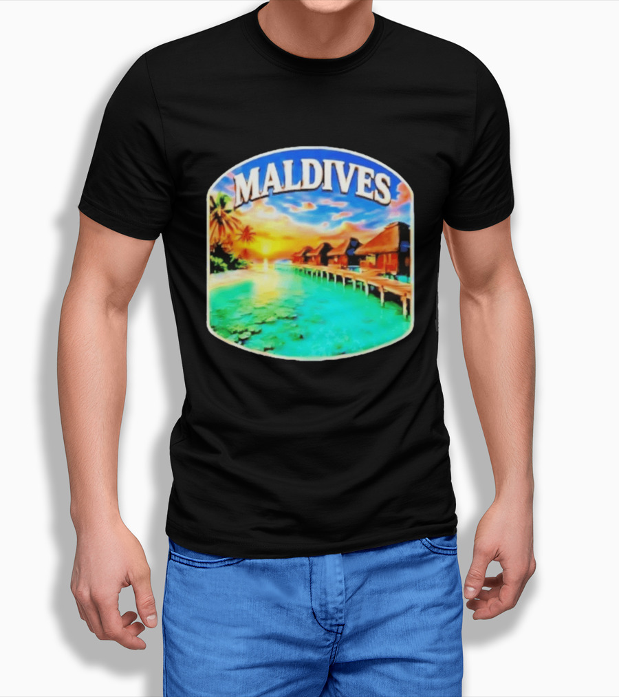 Maldives Tropical Sunset Overwater Bungalows Exquisite Island Escape T-Shirt