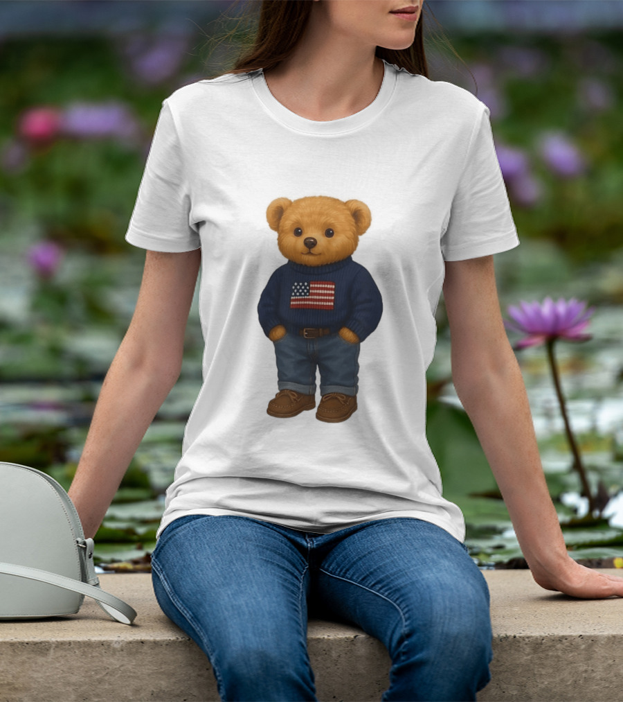 Polo Bear Sweater With American Flag Knit Fashion T-Shirt