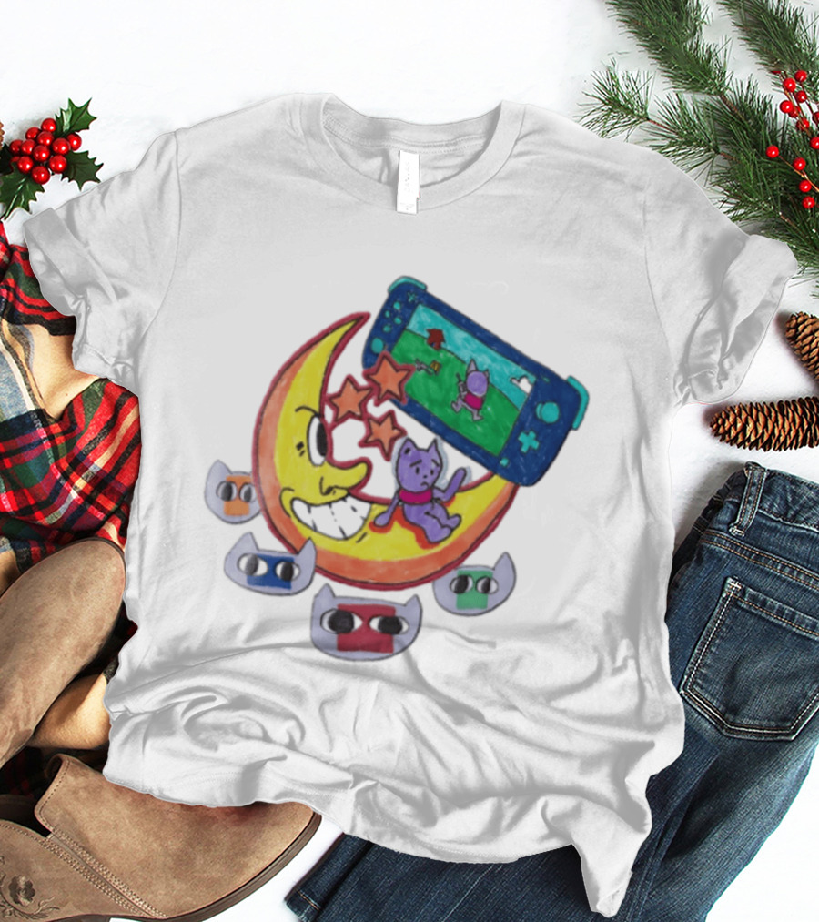 Purple Bear Gaming On Moon With Sunflowers And Dogs Whimsical Two Sided T-Shirt