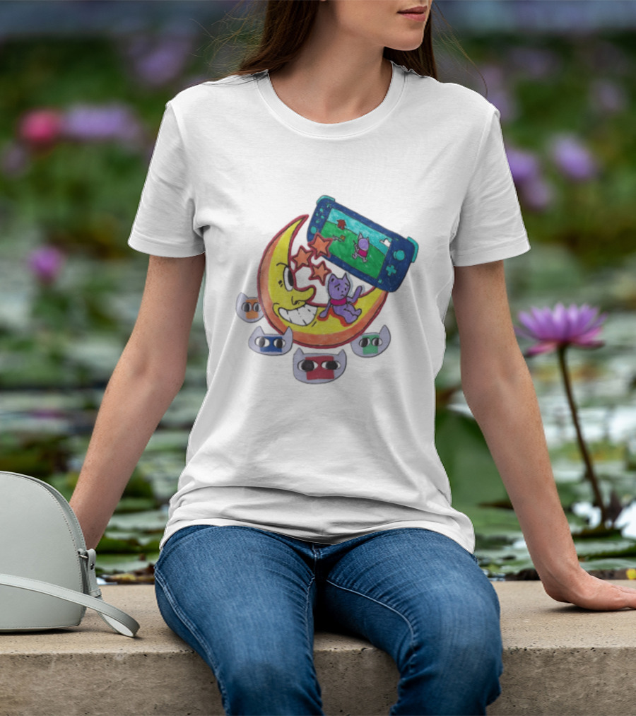Purple Bear Gaming On Moon With Sunflowers And Dogs Whimsical Two Sided T-Shirt
