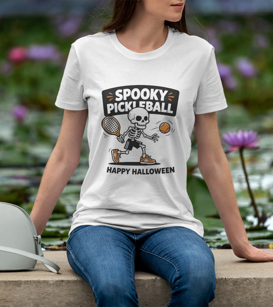 Spooky Pickleball Skeleton Halloween T-Shirt