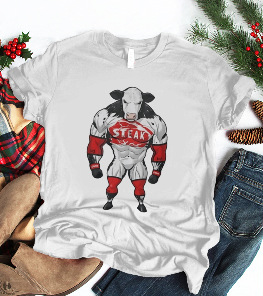 Steak Gainz Muscular Cow Fitness Bodybuilder Buff Animal T-Shirt