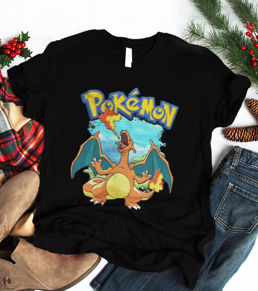 Pokemon Charizard Breathing Fire In Green Landscape T-Shirt