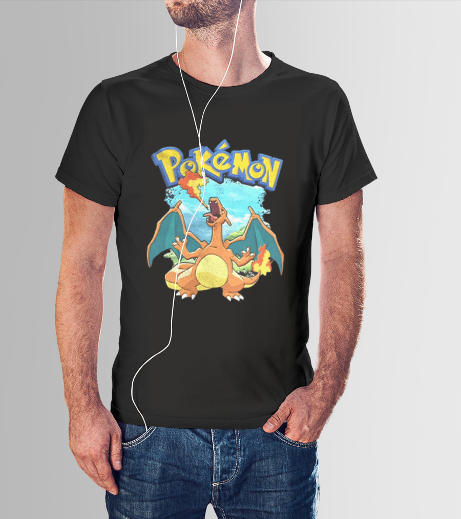 Pokemon Charizard Breathing Fire In Green Landscape T-Shirt