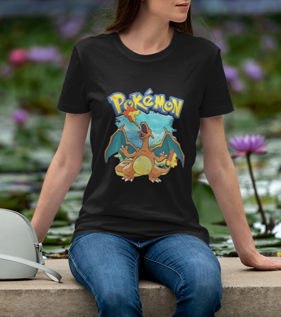 Pokemon Charizard Breathing Fire In Green Landscape T-Shirt