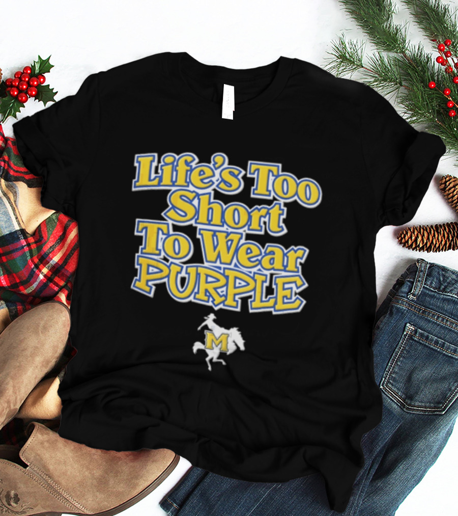 Life's Too Short To Wear Purple Yellow Blue Text With Cowboy Riding Bucking Horse T-Shirt