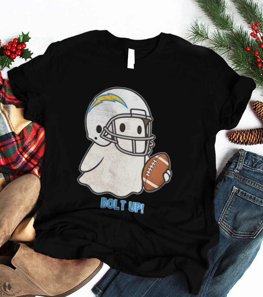 Los Angeles Chargers Bolt Up Ghost Football Helmet Holding Ball T-Shirt