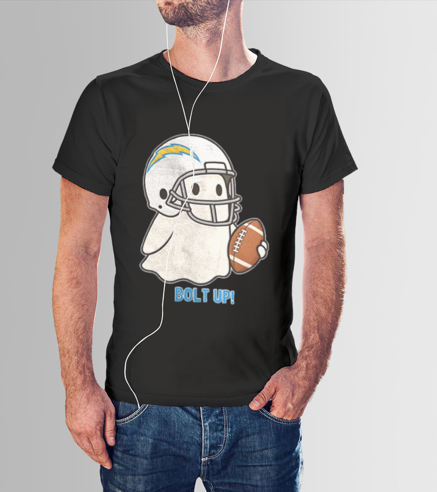 Los Angeles Chargers Bolt Up Ghost Football Helmet Holding Ball T-Shirt