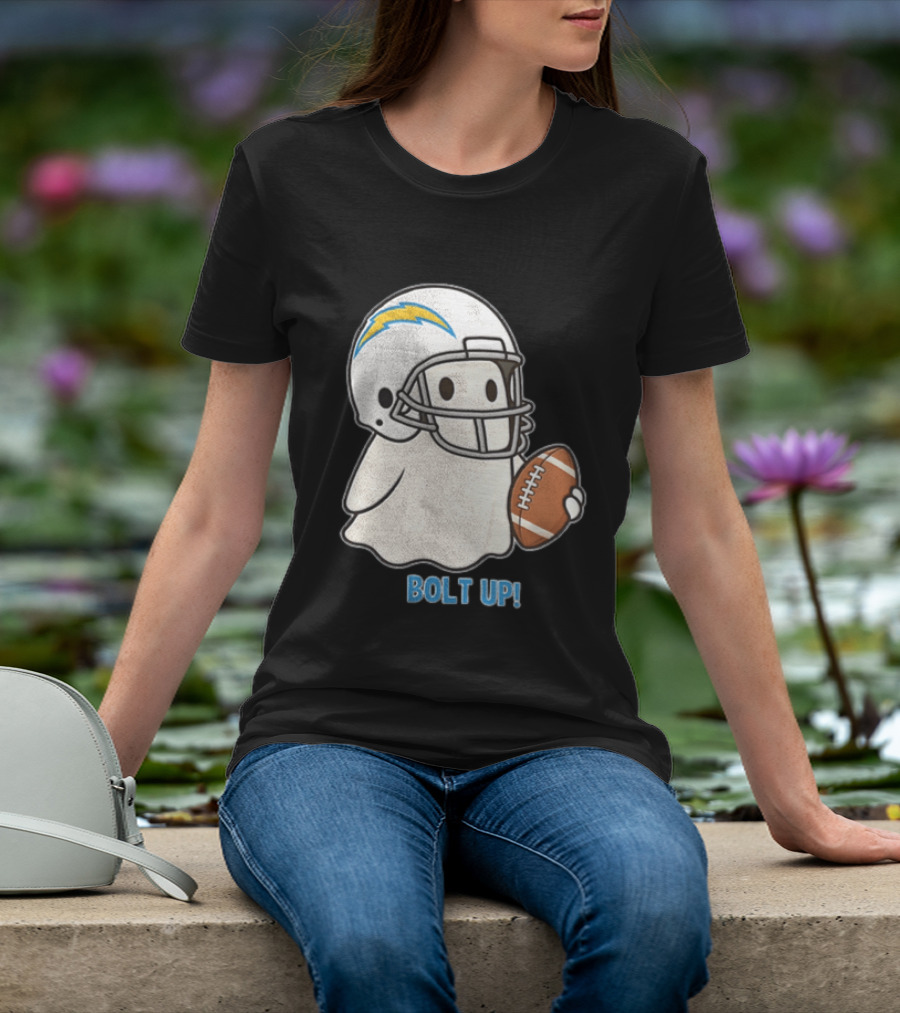 Los Angeles Chargers Bolt Up Ghost Football Helmet Holding Ball T-Shirt