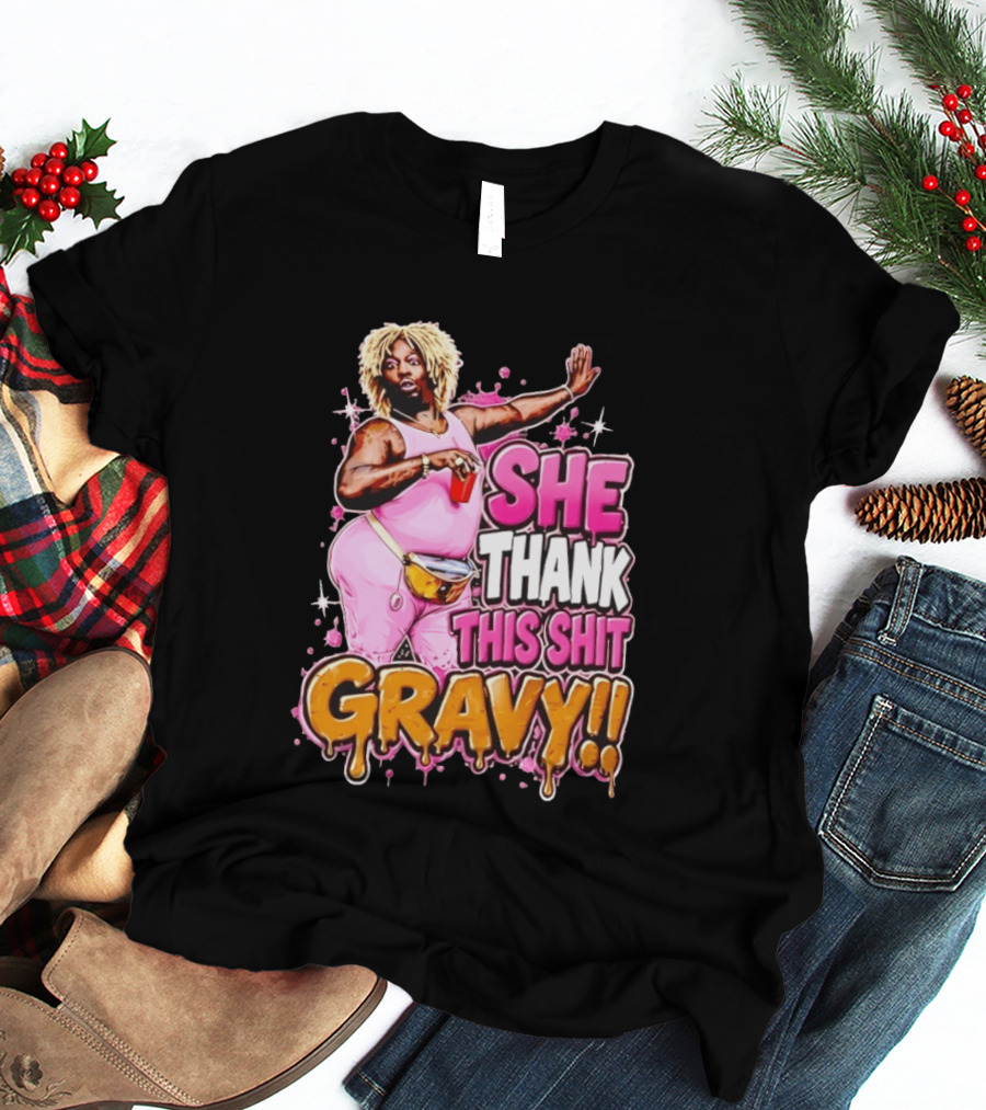 Yung Gravy She Thank This Shit Gravy Rapper Pink Outfit Drink Pose T-Shirt