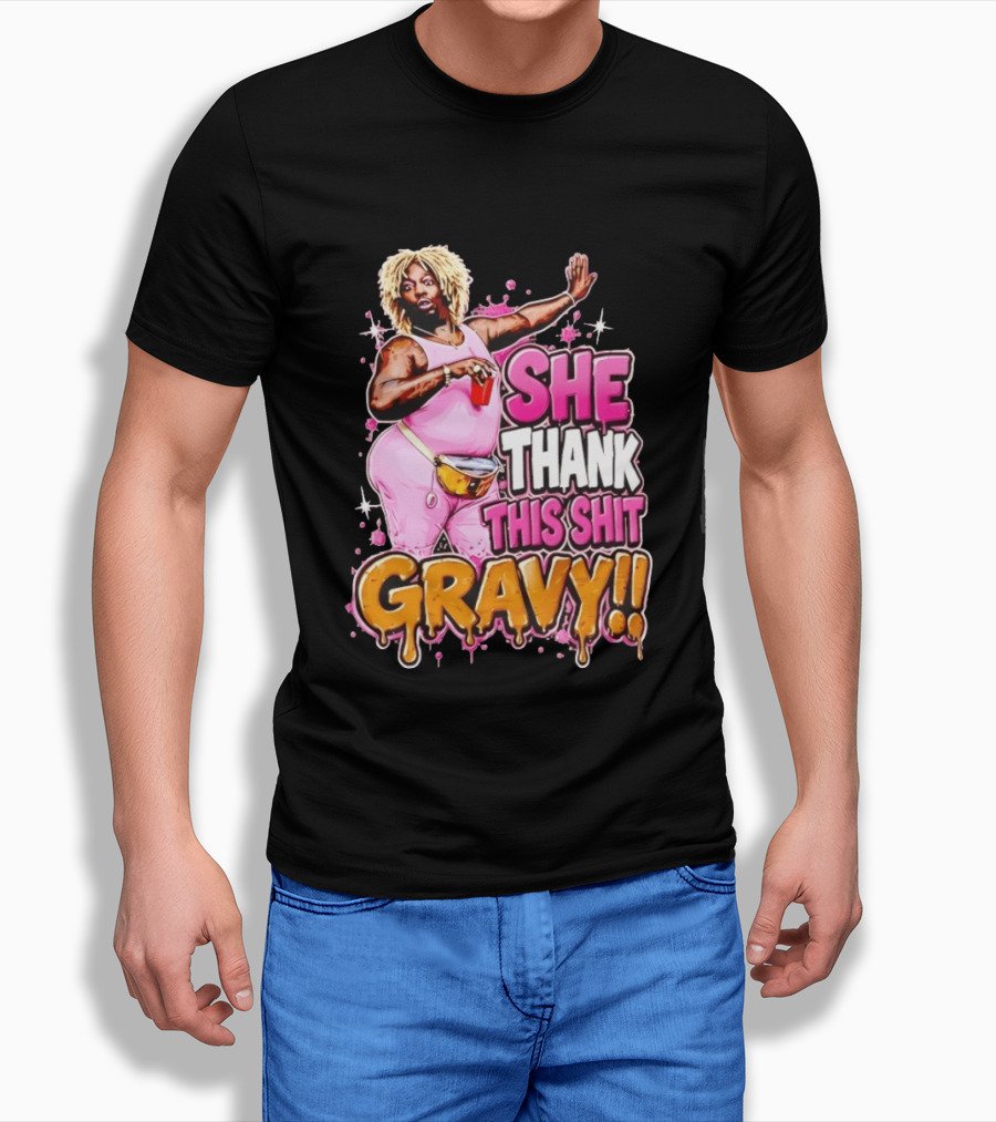 Yung Gravy She Thank This Shit Gravy Rapper Pink Outfit Drink Pose T-Shirt