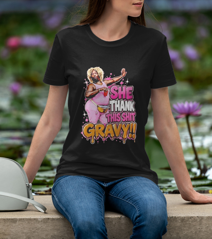 Yung Gravy She Thank This Shit Gravy Rapper Pink Outfit Drink Pose T-Shirt
