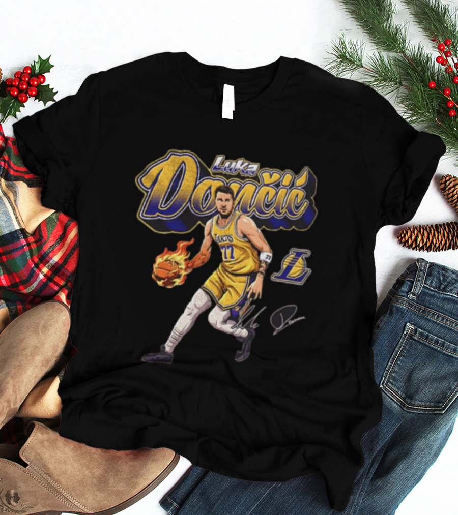 Luka Dončić Los Angeles Lakers Flaming Basketball Dribble NBA Player T-Shirt