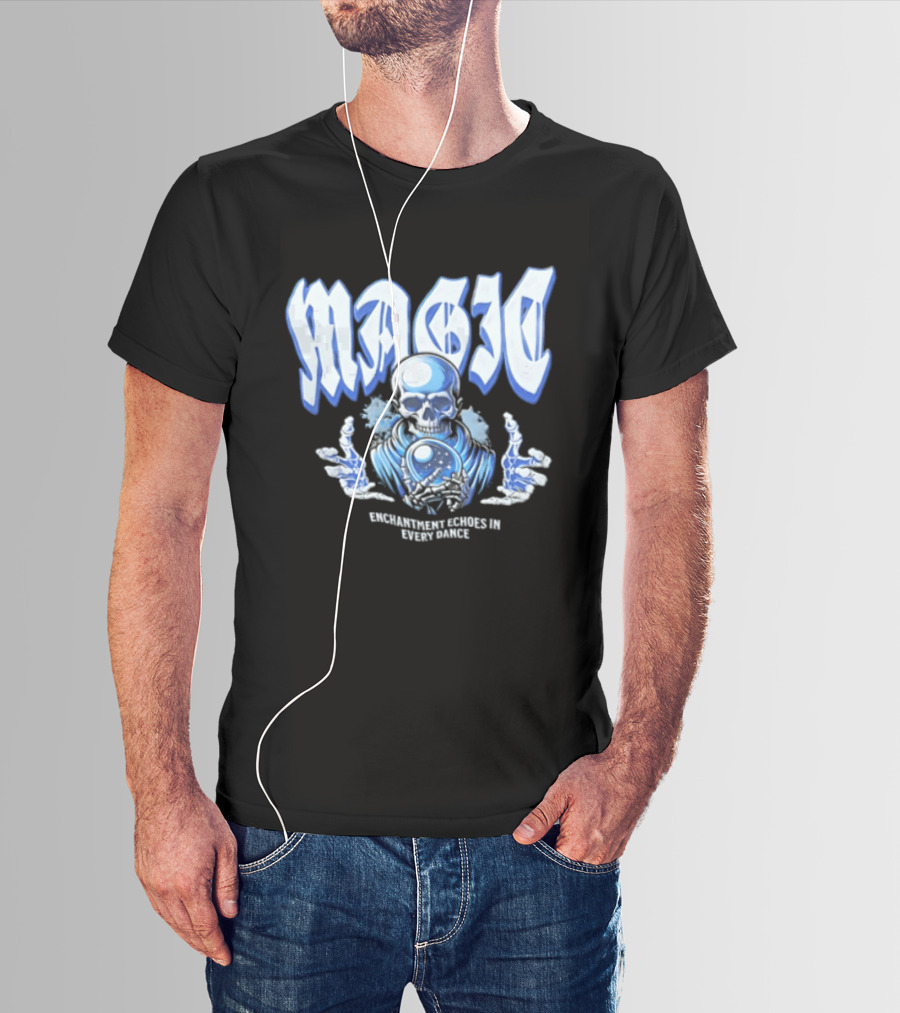 Magic Enchantment Echoes Skeleton Holding Glowing Crystal Ball T-Shirt