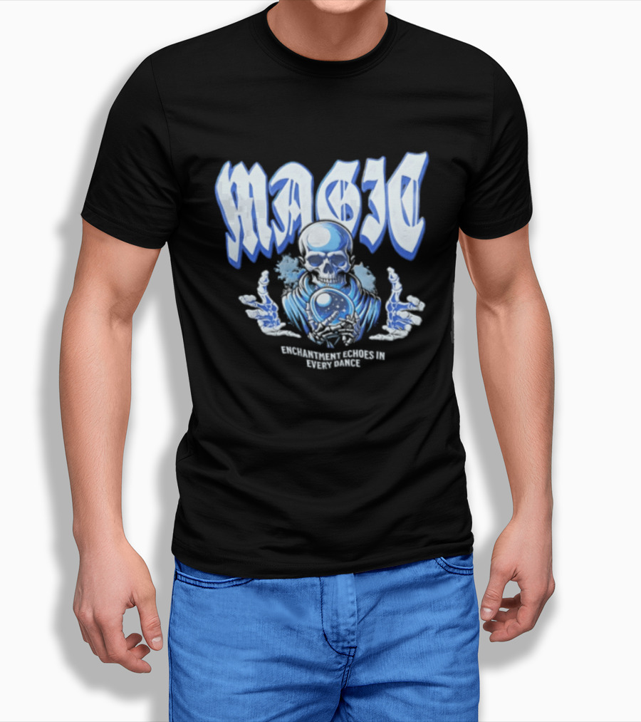 Magic Enchantment Echoes Skeleton Holding Glowing Crystal Ball T-Shirt
