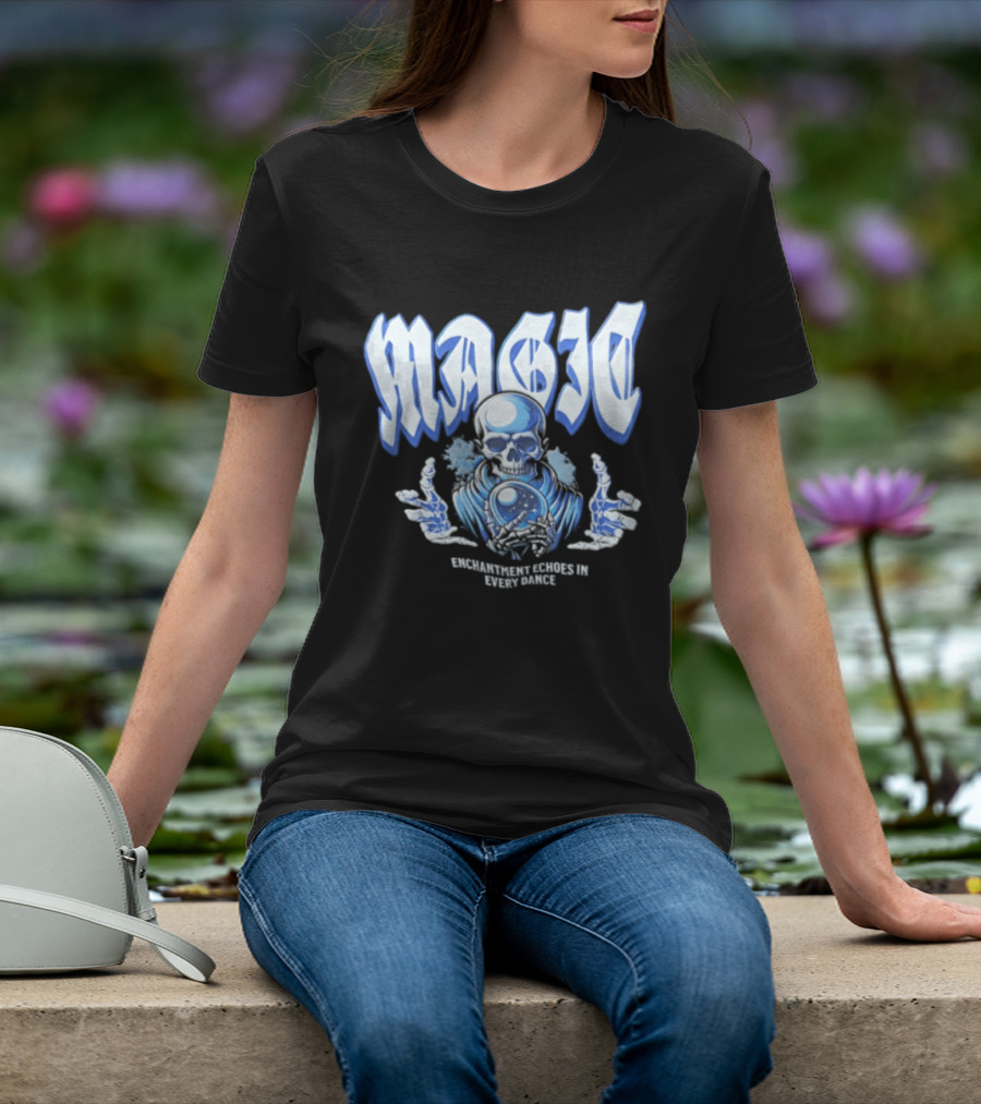 Magic Enchantment Echoes Skeleton Holding Glowing Crystal Ball T-Shirt