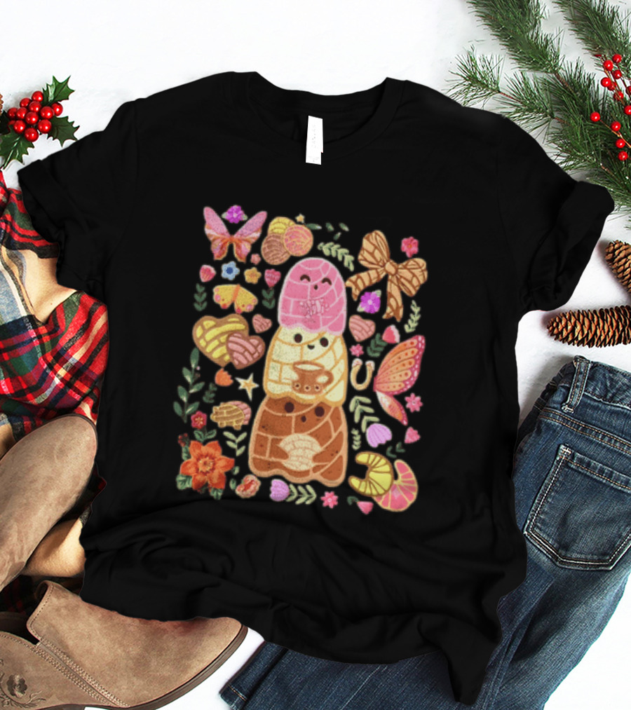 Stacked Concha Bread Characters With Colorful Flowers And Butterflies T-Shirt