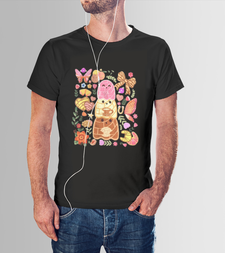 Stacked Concha Bread Characters With Colorful Flowers And Butterflies T-Shirt