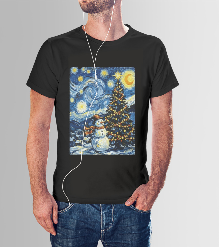 Starry Snowman Christmas Night With Tree And Sky T-Shirt