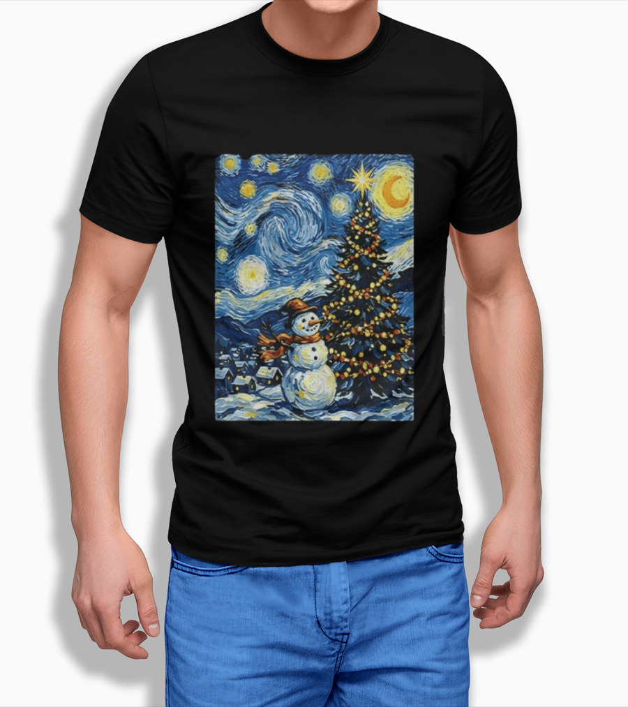 Starry Snowman Christmas Night With Tree And Sky T-Shirt