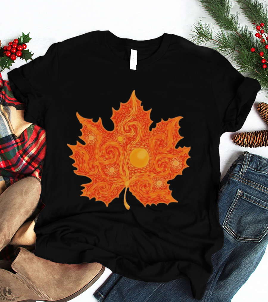 Starry Night Orange Maple Leaf Autumn Swirl T-Shirt
